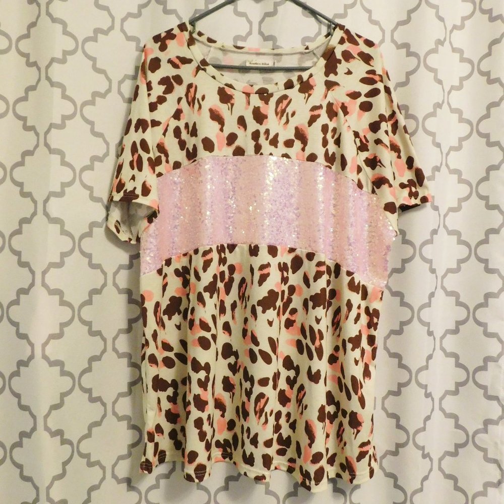 Southern Stitch - Tan, Pink & Brown Animal Print Top W/Sequins - 3X